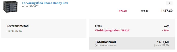 Skärmbild av ett onlineköp med Raaco Handy Box förvaringslådor och prisspecifikation, inklusive rabatt och totalpris.