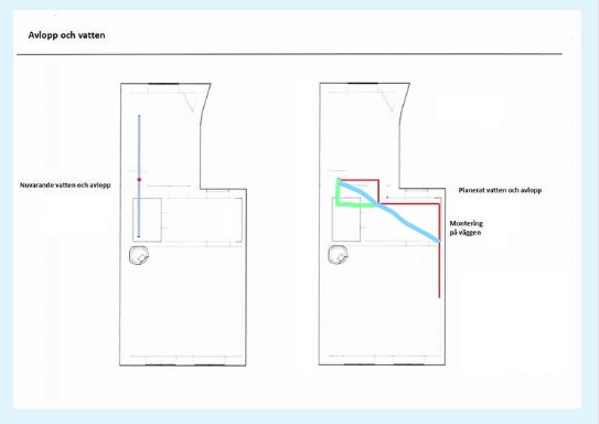 Ritningar som visar alternativa dragningar för vatten och avlopp med gröna och ljusblå linjer.