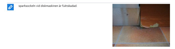 Skadad sparksockel vid diskmaskin med synlig fuktskada och avfärgning.