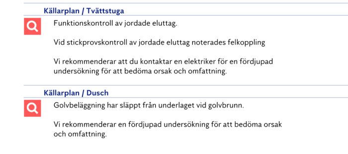 Skärmdump av forumtrådar om fuktionkontroll av jordade eluttag och golvläggning som släppt från underlaget.