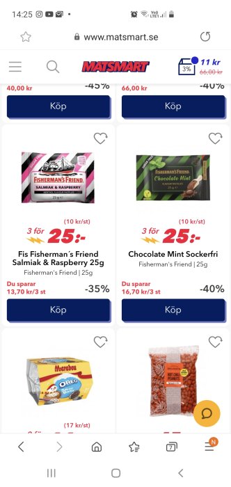 Skärmdump av en e-handelssida med erbjudanden på Fisherman's Friend pastiller och andra snacks.