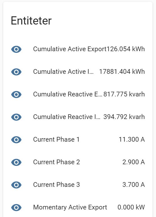 Skärmbild av energiförbrukningsdata i ESPHome Dashboard med olika mätvärden för elektricitet.