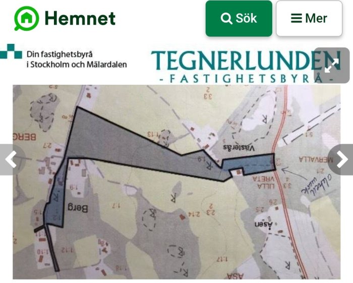 Kartutdrag som visar en oregelbunden tomtgräns markerad i svart på en fastighetskarta.