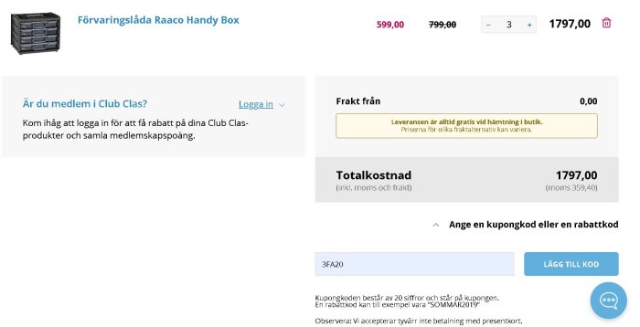 Skärmdump från Clas Ohlsons webbplats som visar Fövaringslåda Raaco Handy Box till kampanjpriset 599 kr, nedsatt från 799 kr.