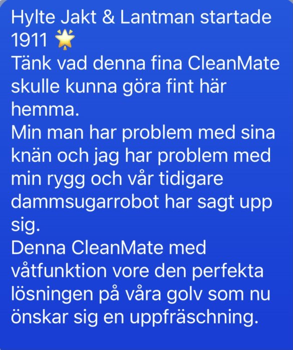 Skärmbild av en text som rekommenderar CleanMate med våtfunktion i ett diskussionsforum om hushållsprodukter.