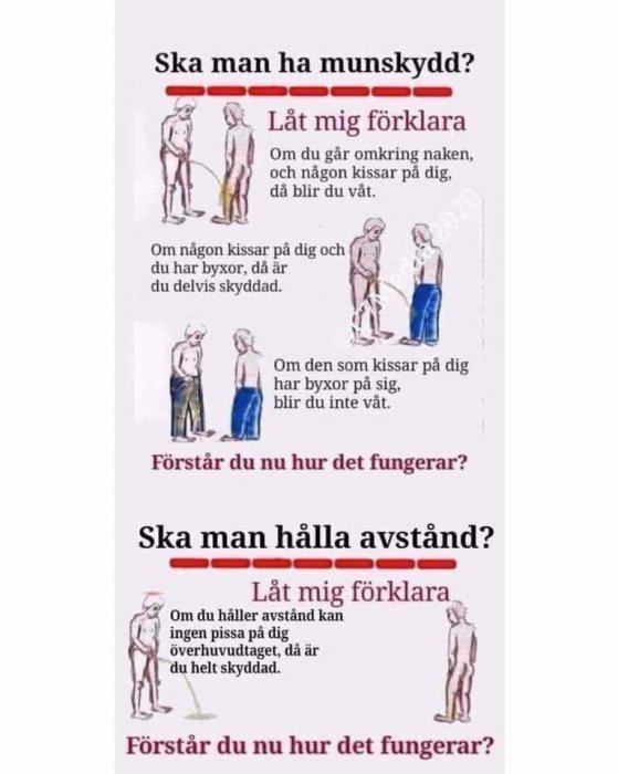 Illustration som humoristiskt jämför användning av munskydd och social distansering med skydd mot att bli kissad på.