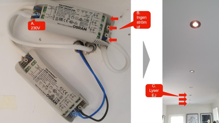 Två OSRAM transformatorer för takbelysning och en takvy med icke fungerande spottar.