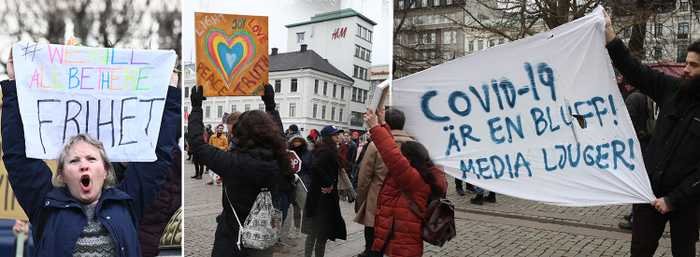 Människor håller upp plakat under en demonstration, en med texten "COVID-19 ÄR EN BLUFF! MEDIA LJUGER!