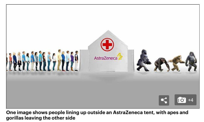 Människor i kö utanför ett AstraZeneca-tält som förvandlas till apor på andra sidan, satirisk bild om vaccinrykten.