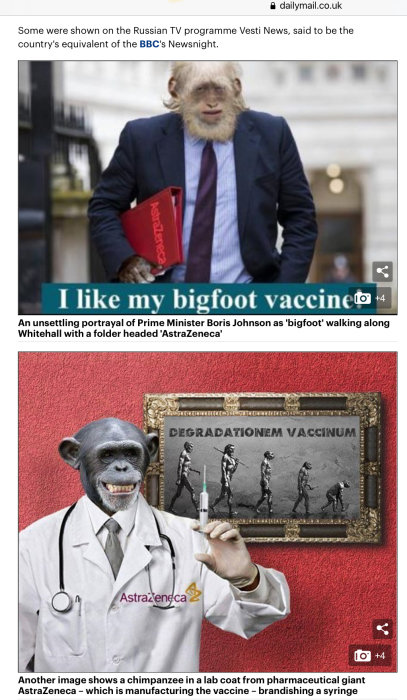 Satiriska bilder där Boris Johnson porträtteras som 'bigfoot' och en schimpans i labbrock håller en spruta.