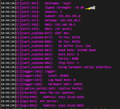 Skärmdump av loggfiler från en ESP-enhet som visar WiFi- och UART-inställningar utan mätvärden.