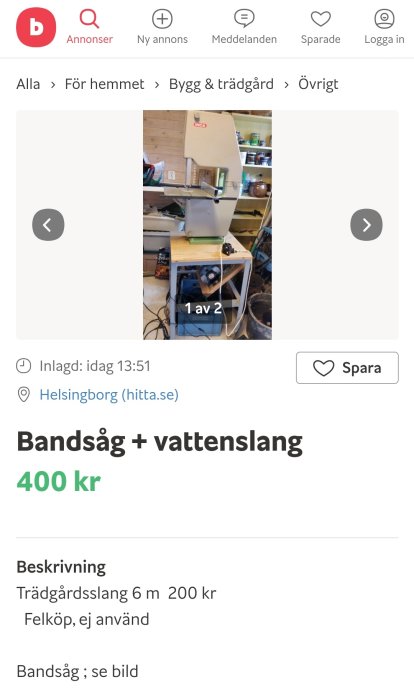 En bandsåg i ett verkstadsutrymme, annonserad till salu på Blocket.