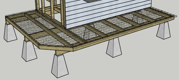 3D-rendering av en altankonstruktion med bärlinor på plintar och avklippt hörn.