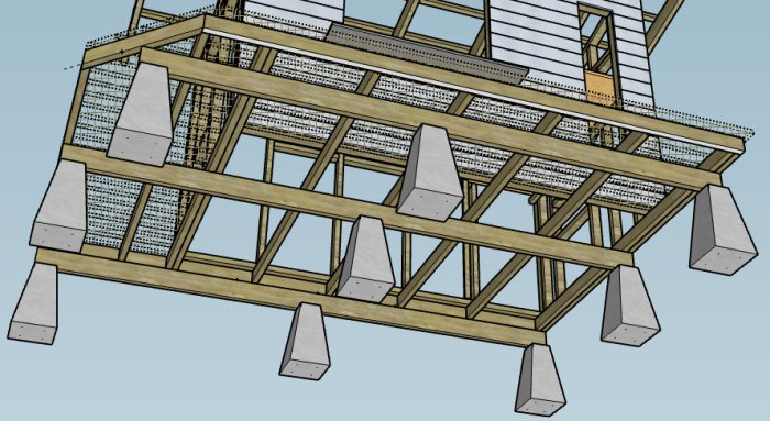 3D-ritning av träram till altan med bärlinor på plintar och avhugget hörn.