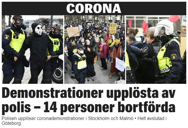 Polis upplöser folksamling under en demonstration, medan deltagare håller upp plakat.