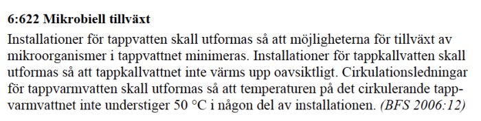 Utdrag från BBR BFS 2006:12 om reglering av temperatur i tappvattensystem för att minimera mikrobiell tillväxt.