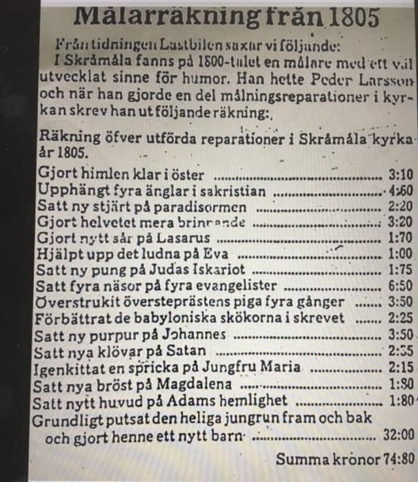 Fotografi av en historisk "Målarräkning från 1805" med humoristiska posteringar för reparationer i en kyrka.