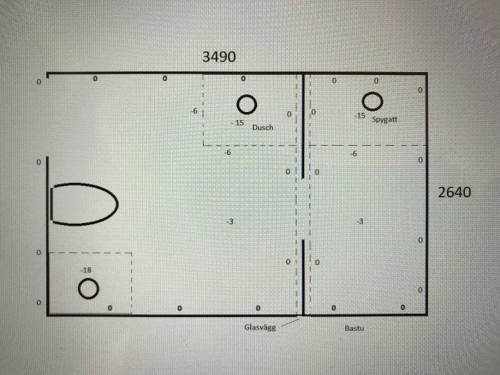 Ritning av badrum och bastu med dimensioner, klinkergolv, helglasvägg och avloppsbrunnar markerade.