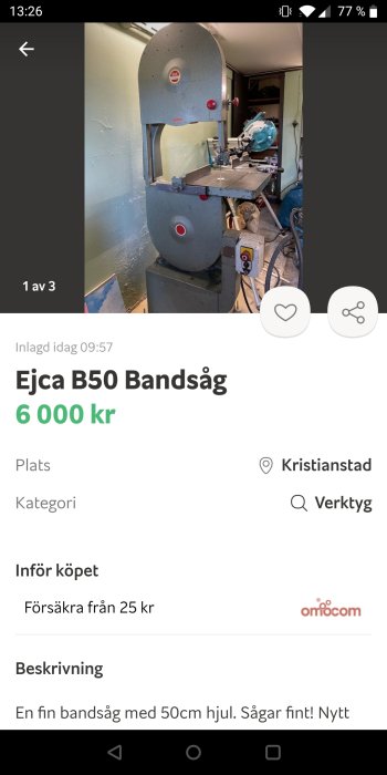 Bandsåg Ejca B50 i en verkstadsinställning med bakgrund av andra verktyg.