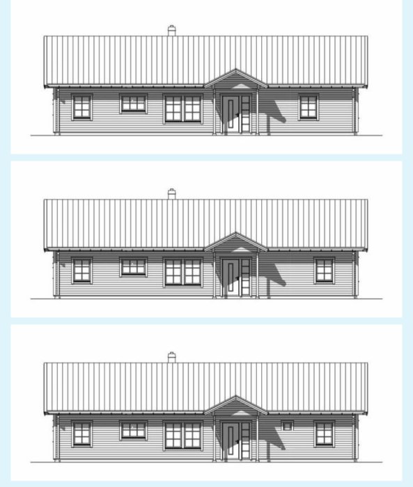 Tre arkitektoniska ritningar av enplanshus med varierande fönsterarrangemang och entrédesign.