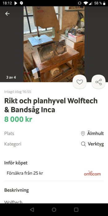 Begagnad Inca bandsåg i en verkstadslokal uppvisad för försäljning.