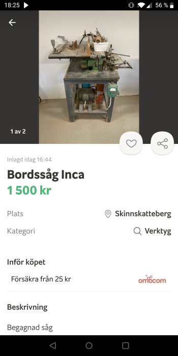 Inca Compact bordsåg med tillbehör på ett arbetsbord i ett verkstadsutrymme.