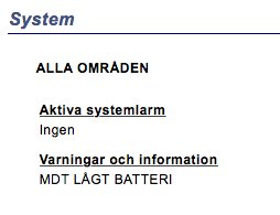 Skärmdump som visar ett systemlarm med texten "MDT LÅGT BATTERI" på en datorövervakningsskärm.