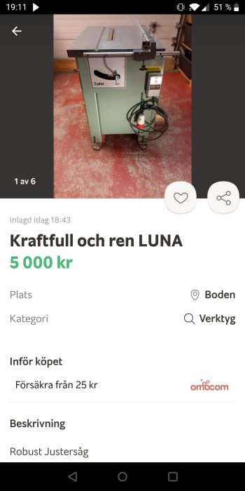 Luna märkt justersåg Ejca L18 i verkstadsmiljö