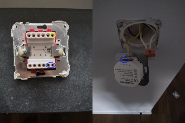 Eluttag och dimmer installationsproblem med markerade ledningar och anslutningsklämma.