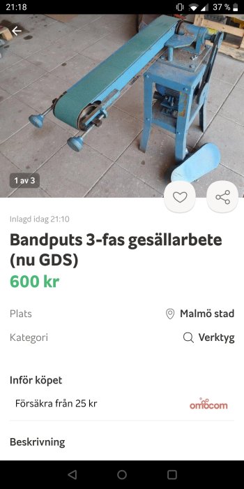 Industriell bandputs maskin i blått, använd för sliparbeten, till salu i Malmö.