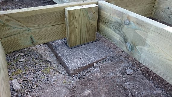 Hörndetalj av en träramkonstruktion för fundament med grus och betongplatta på marken.