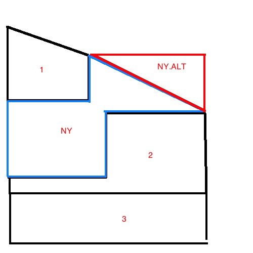 Skiss av ett hus i olika sektioner med märkningar "NY", "NY.ALT" och siffror 1, 2, 3.