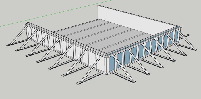 3D-ritning av stödkonstruktion för gjutning av husgrund med sockelelement och förstärkta snedstöttor.