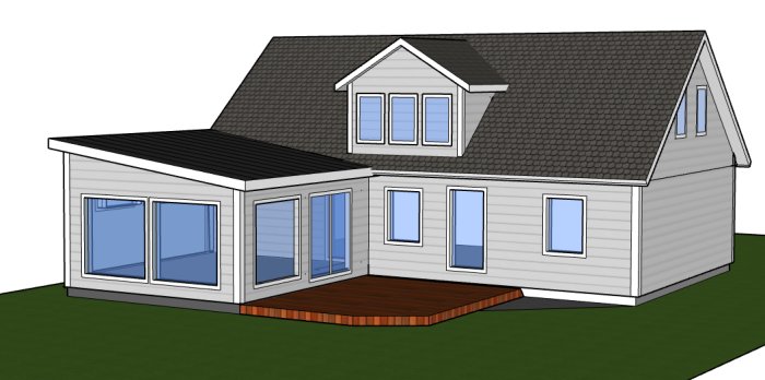 3D-modell av ett vitt hus med tillbyggnad och befintlig altan i trä.