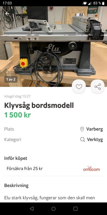 Begagnad Elu klyvsåg på bord i ett verkstadsutrymme, komplett med strömkabel och justerbara stöd.