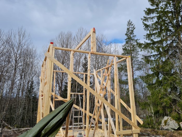 Helt byggstomme för ett tak med nockbräda och reglar, obehaglig stege i förgrunden.