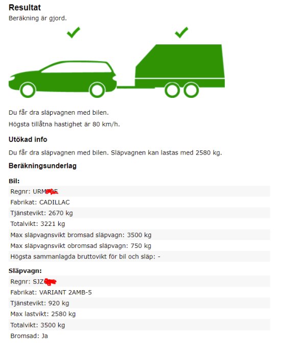 Illustration av en grön bil kopplad till en släpvagn med en grön bock ovanför, över ett resultat med text om kör- och lastvikt.