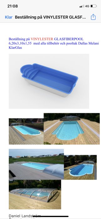 Beställningssida för en VINYLESTER GLASFIBERPOOL med bilder av en blå glasfiberpool, installation på trädäck och pooltak.