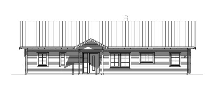 Arkitektritning av en enplansvilla med sadeltak och entré med tak.