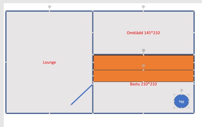 Planritning av ett attefallshus med separata utrymmen för bastu och lounge, inklusive mått och bastuaggregat.