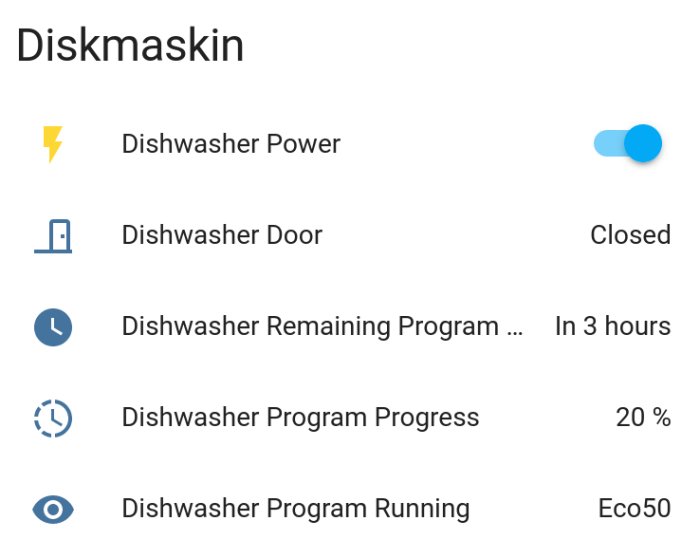 Gränssnitt för smart diskmaskin som visar strömförsörjning, dörrstatus, återstående tid och programförlopp.