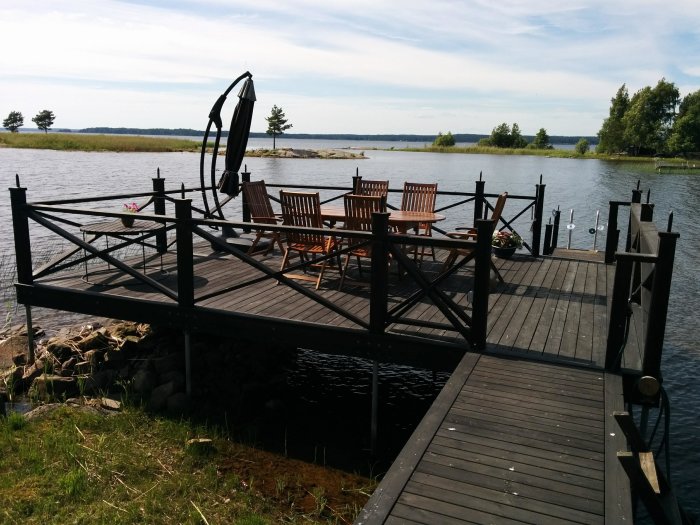 Sjöveranda med stålrörskonstruktion och trämöbler vid en sjö, komplett med räcken och måsfria stolptoppar.