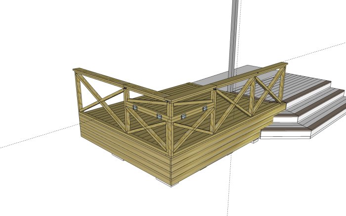 3D-ritning av konstruktion för utökad entrétrappa med anslutande trädäck.