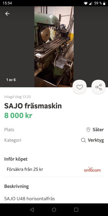 SAJO U48 horisontalfräs maskin i ett verkstadsutrymme, använd för byggprojekt och renoveringar.