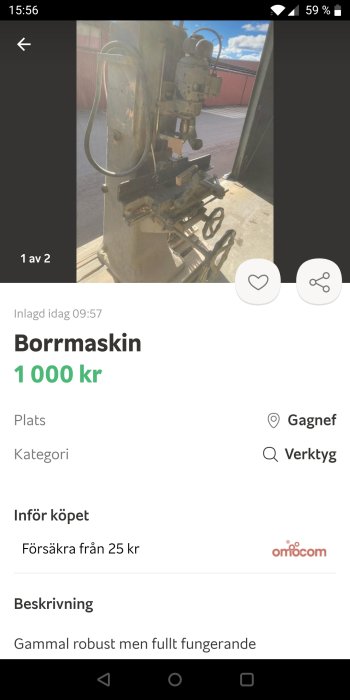 Äldre robust pelarborrmaskin till salu, står utomhus, solbelyst, pris 1000 kr, beskrivning anger fullt fungerande.