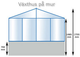 Sektionsritning av växthus på mur med angivna mått för höjd och murhöjd.