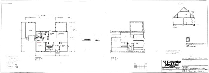 Arkitektritningar av husets bottenplan och vindsvåning samt sektionsskiss.