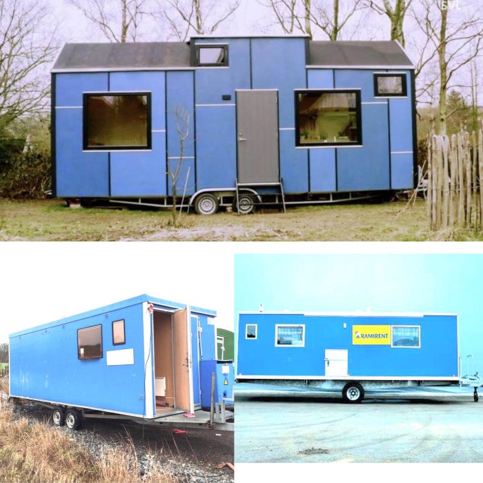 Två bilder av blåa tiny houses på hjul, en parkerad i naturen och en vid en väg.