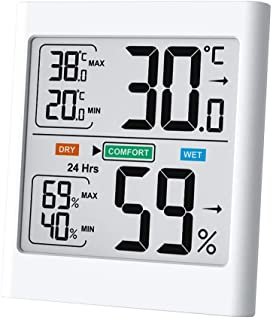 Digital termometer som visar max/min temperatur och luftfuktighet, vit bakgrund.