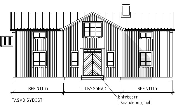 Ritning av husfasad med tillbyggnad, markerad entrédörr planerad att vara 180 cm bred samt befintlig struktur.